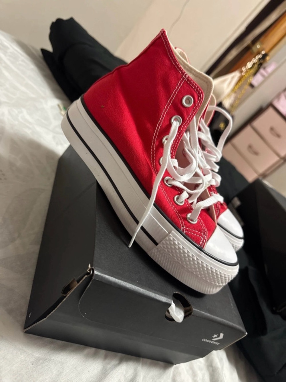 Converse Red High-Top Platform Sneakers with White Accents - Picture 3 of 5